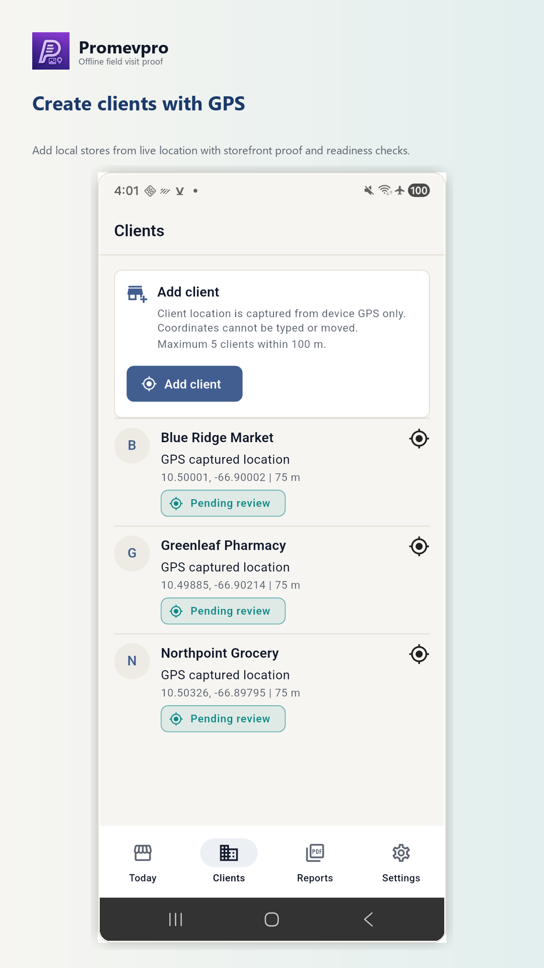 Promevpro GPS clients screen